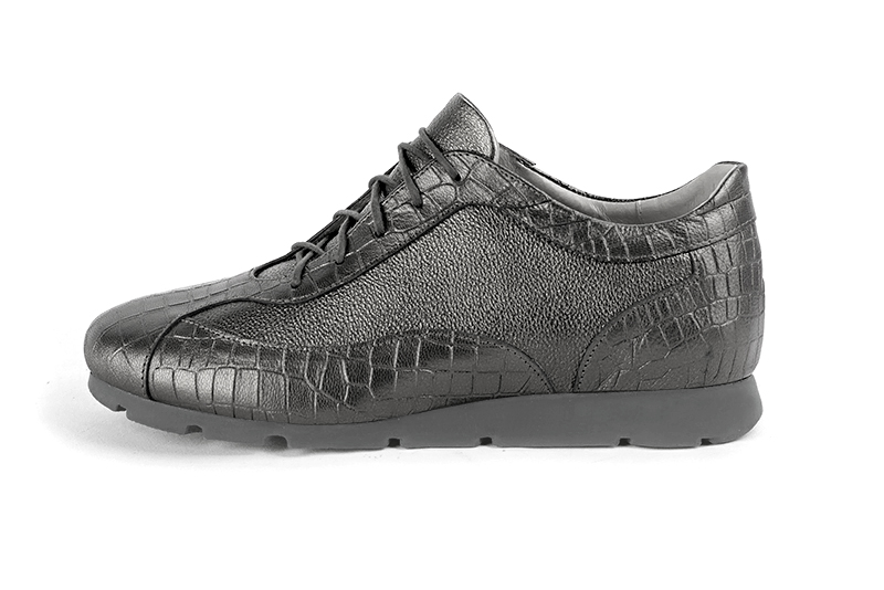 Dark grey women's elegant sneakers. Round toe. Flat rubber soles. Profile view - Florence KOOIJMAN